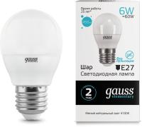Лампа светодиодная Gauss Elementary 6Вт цок.:E27 шар 220B 4100K св.свеч.бел.нейт. (упак.:1шт) (53226)