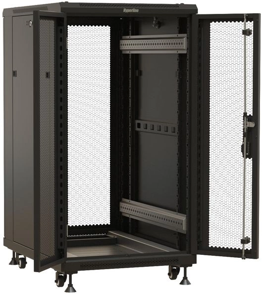 Шкаф серверный Hyperline (TTBR-2266-DD-RAL9004) напольный 22U 600x600мм пер.дв.перфор. задн.дв.перфор. 2 бок.пан. 1000кг черный 510мм 1166мм IP20 сталь