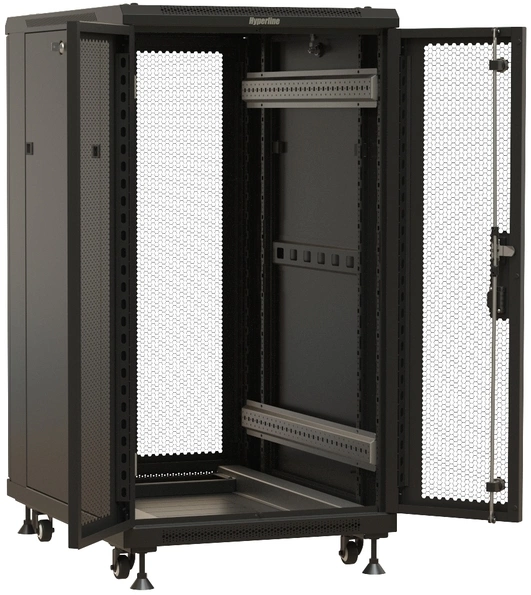 Шкаф коммутационный Hyperline (TTBR-1866-DD-RAL9004) напольный 18U 600x600мм пер.дв.перфор.2ств. зад