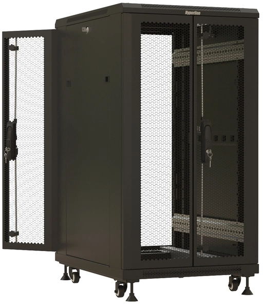 Шкаф коммутационный Hyperline (TTBR-1866-DD-RAL9004) напольный 18U 600x600мм пер.дв.перфор.2ств. зад