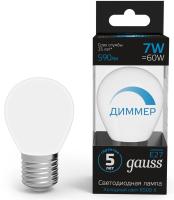 Лампа светодиодная Gauss 105102307-D 7Вт цок.:E27 шар 150B 6500K св.свеч.бел.хол. (упак.:1шт)