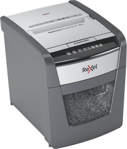 Шредер Rexel Optimum AutoFeed 50X черный с автоподачей (секр.P-4) фрагменты 50лист. 20лтр. скрепки скобы пл.карты