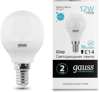 Лампа светодиодная Gauss Elementary 12Вт цок.:E14 шар 220B св.свеч.бел.нейт. (упак.:1шт) (53122)