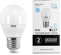 Лампа светодиодная Gauss Elementary 8Вт цок.:E27 шар 220B 6500K св.свеч.бел.хол. (упак.:1шт) (53238)