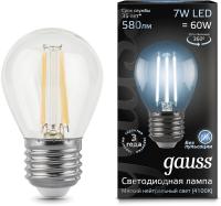 Лампа филам. Gauss 7Вт цок.:E27 шар 220B 4100K св.свеч.бел.нейт. G45 (упак.:10шт) (105802207)