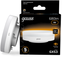 Лампа светодиодная Gauss 8Вт цок.:GX53 (упак.:10шт) таблетка 220B св.свеч.бел.теп. Tablet (108008108