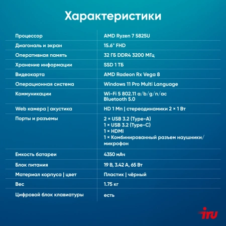 Ноутбук IRU Tactio 15PHC Ryzen 7 5825U 32Gb SSD1Tb AMD Radeon Graphics AMD Graphics 15.6" IPS FHD (1920x1080) Windows 11 Pro Multi Language black WiFi BT Cam 4350mAh (2046019)