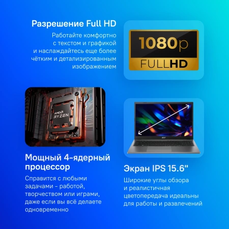 Ноутбук Acer Extensa 15 EX215-23-R62L Ryzen 3 7320U/16Gb/SSD512Gb/15.6"/IPS/FHD/noOS/grey