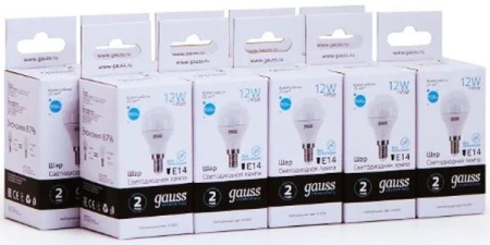 Лампа светодиодная Gauss Elementary 12Вт цок.:E14 шар 220B 4100K св.свеч.бел.нейт. (упак.:10шт) (53122)