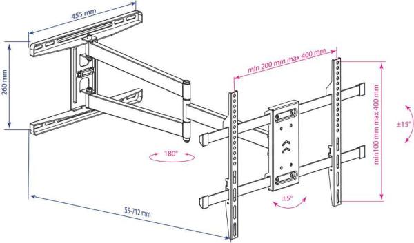 Кронштейн для телевизора Kromax DIX-20 черный 22"-65" макс.45кг настенный поворотно-выдвижной и наклонный