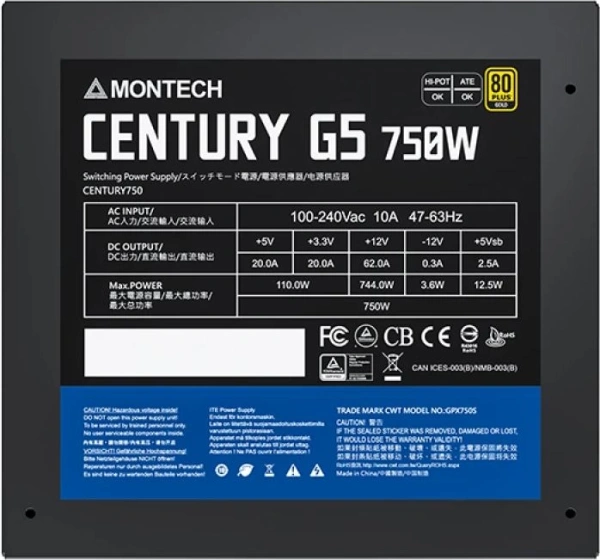 Блок питания Montech ATX 750W CENTURY GOLD G5 80+ gold (20+4pin) APFC 120mm fan 10xSATA Cab Manag RTL
