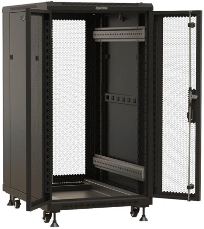 Шкаф серверный Hyperline (TTBR-2266-DD-RAL9004) напольный 22U 600x600мм пер.дв.перфор. задн.дв.перфор. 2 бок.пан. 1000кг черный 510мм 1166мм IP20 сталь