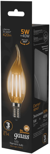 Лампа филам. Gauss Filament 5Вт цок.:E14 свеча 220B 2700K св.свеч.бел.теп. (упак.:10шт) (104801105)