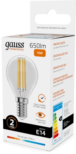 Лампа филам. Gauss Filament 10Вт цок.:E14 шар 220B св.свеч.бел.теп. (упак.:10шт) (52110)