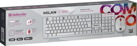Клавиатура + мышь Defender Milan C-992 клав:белый мышь:белый/красный USB беспроводная Multimedia (45994)