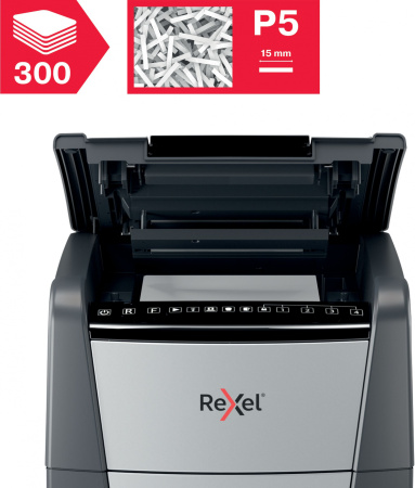 Шредер Rexel Optimum AutoFeed 300M черный с автоподачей (секр.P-5) фрагменты 300лист. 60лтр. скрепки скобы пл.карты