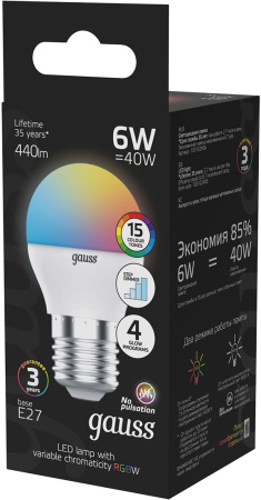Лампа светодиодная Gauss 105102406 6Вт цок.:G45 шар 175B св.свеч.RGB (упак.:1шт)