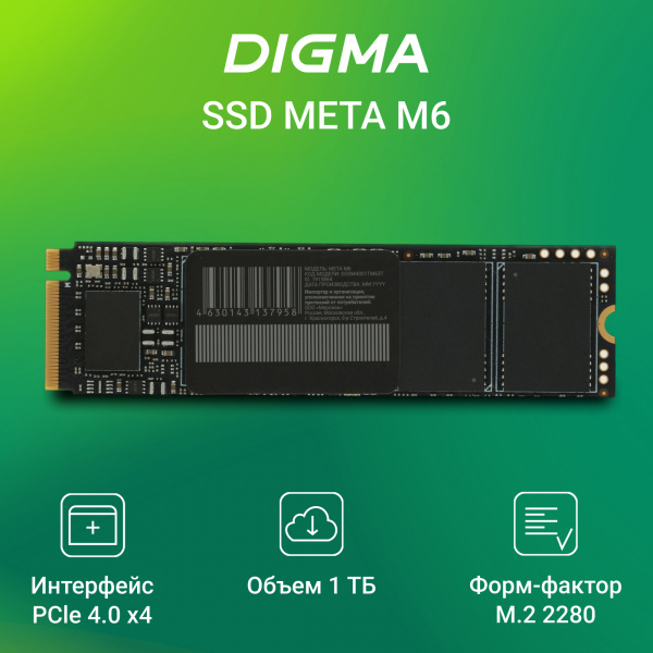 Накопитель SSD Digma PCIe 4.0 x4 1TB DGSM4001TM63T Meta M6 M.2 2280