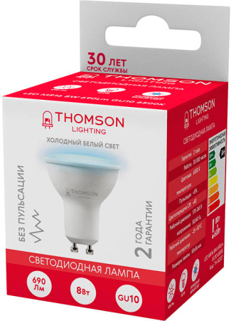 Лампа светодиодная Thomson TH-B2327 8Вт цок.:GU10 полусф. 220B 6500K св.свеч.бел.хол. MR16 (упак.:1шт)