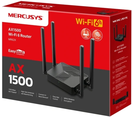 Роутер беспроводной Mercusys MR62X AX1500 10/100/1000BASE-TX черный