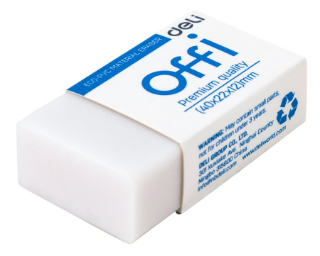 Ластик Deli EH03010 Offi 40x22x12мм ПВХ белый индивидуальная картонная упаковка