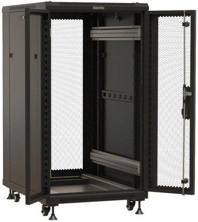Шкаф коммутационный Hyperline (TTBR-1866-DD-RAL9004) напольный 18U 600x600мм пер.дв.перфор.2ств. зад