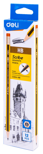 Карандаш ч/г Deli EC004-HB Scribe HB шестигран. тополь карт.кор. (12шт) ластик