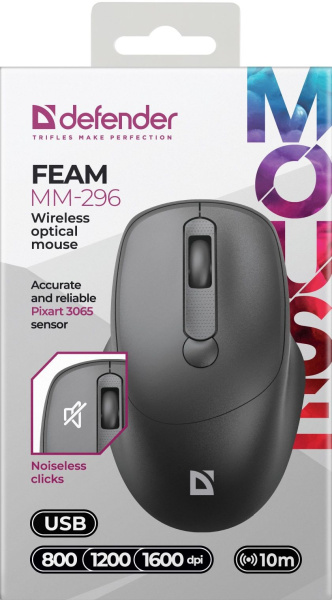 Мышь Defender Feam MM-296 черный оптическая 1600dpi silent беспров. USB 3but (52296)