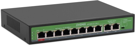 Коммутатор Digma DSP208F-2F-T120 DSP208F-2F-T120 V1 10x100Мбит/с 8PoE 8PoE+ 1PoE++ 120W неуправляемы