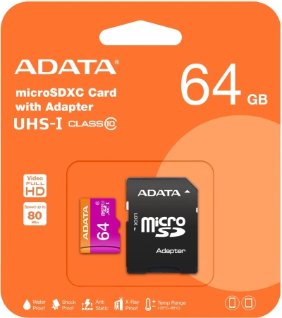 Флеш карта microSDXC 64Gb Class10 A-Data AUSDX64GUICL10-RA1 + adapter