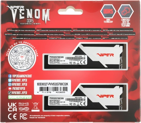 Память DDR5 2x16Gb 7000MHz Patriot PVV532G700C32K Viper Venom RTL Gaming PC5-56000 CL32 DIMM 288-pin 1.45В kit с радиатором Ret
