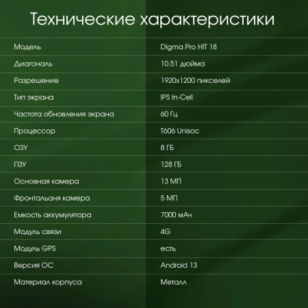 Планшет Digma Pro HIT 18 T606 8C/8Gb/128Gb 10.5" In-Cell 1920x1200/3G/4G/And13/фиолетовый/BT/13Mpix/