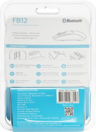 Мышь A4Tech Fstyler FB12 белый/черный оптическая (1200dpi) беспроводная BT/Radio USB (3but)