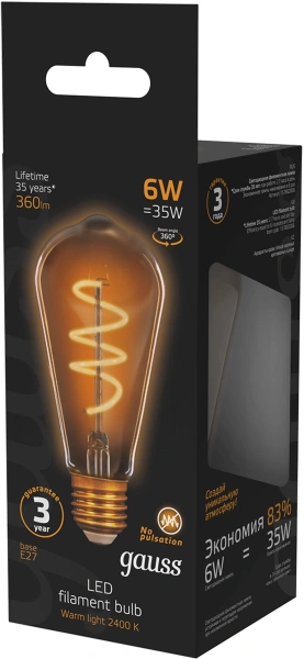 Лампа филам. Gauss Filament ST64 6Вт цок.:E27 (упак.:10шт) эдисон 220B св.свеч.бел.теп. (157802006)