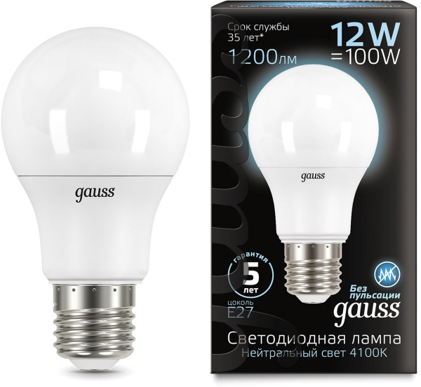 Лампа светодиодная Gauss A60 12Вт цок.:E27 шар 220B 4100K св.свеч.бел.нейт. A60 (упак.:10шт) (102502212)