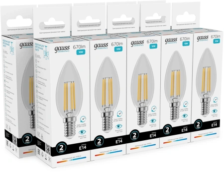 Лампа филам. Gauss Filament 10Вт цок.:E14 свеча 220B св.свеч.бел.нейт. (упак.:10шт) (32120)