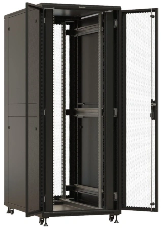 Шкаф серверный Hyperline TTBR-4282-DD-RAL9004 напольный 42U 800x1200мм пер.дв.перфор.2ств. 4 бок.пан. задн.дв.перфор.2-хст. 1000кг черный 1110мм 2055мм IP20 сталь