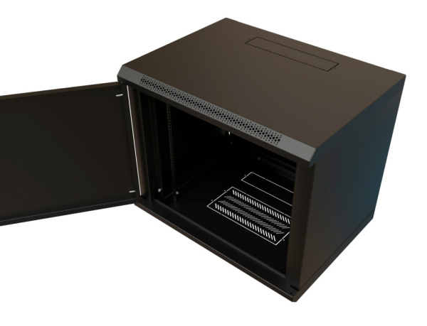 Шкаф коммутационный WRline (WR-TW-1266-SR-RAL9004) настенный 12U 600x600мм пер.дв.металл 2 бок.пан. направл.под винты 60кг черный 520мм 650мм IP20 сталь