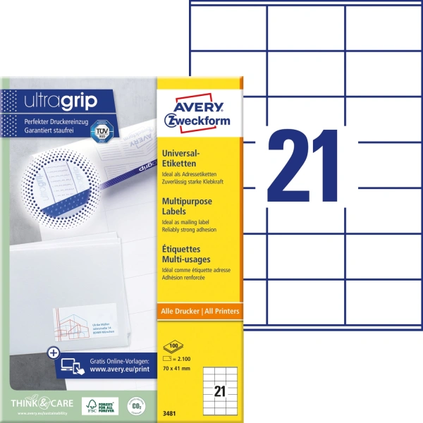 Этикетки Avery Zweckform 3481 A4 70x41мм 21шт на листе/70г/м2/100л./белый матовое самоклей. универсальная