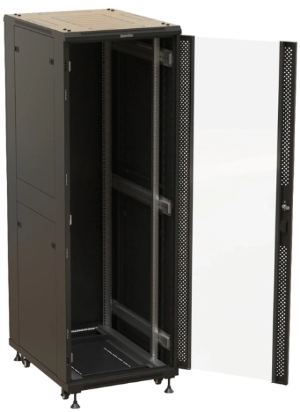 Шкаф серверный Hyperline TTBR-3268-AS-RAL9004 напольный 32U 600x800мм пер.дв.перфор. задн.дв.спл.стал.лист 2 бок.пан. 1000кг черный 710мм 94.5кг 1610мм IP20 сталь