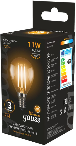 Лампа светодиодная Gauss Filament 11Вт цок.:E14 шар 220B 2700K св.свеч.бел.теп. (упак.:10шт) (105801111)