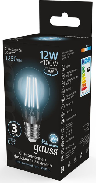 Лампа светодиодная Gauss Filament 102902212 12Вт цок.:E27 груша 185B 4100K св.свеч.бел.нейт. грушевидная (упак.:1шт)