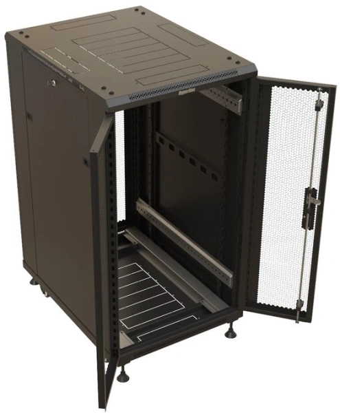 Шкаф серверный Hyperline (TTBR-2266-DD-RAL9004) напольный 22U 600x600мм пер.дв.перфор. задн.дв.перфор. 2 бок.пан. 1000кг черный 510мм 1166мм IP20 сталь