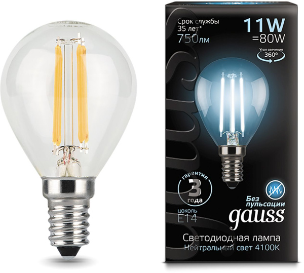 Лампа филам. Gauss Filament 11Вт цок.:E14 шар 220B 4100K св.свеч.бел.нейт. (упак.:10шт) (105801211)