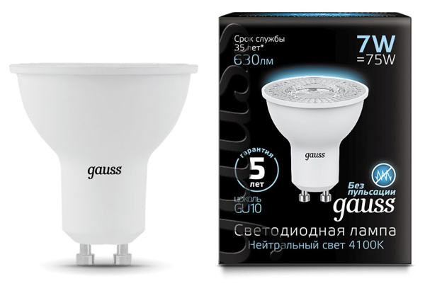Лампа светодиодная Gauss MR16 7Вт цок.:GU10 спот 220B 4100K св.свеч.бел.нейт. MR16 (упак.:10шт) (101506207)