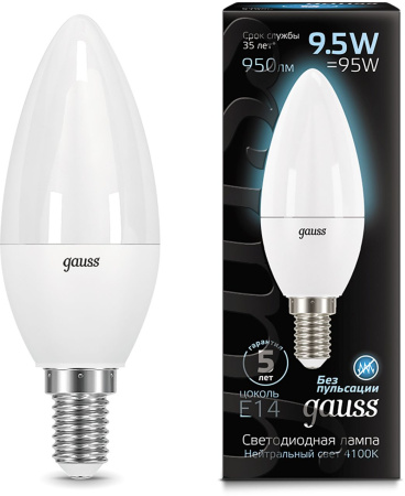 Лампа светодиодная Gauss 9.5Вт цок.:E14 свеча 220B 4100K св.свеч.бел.нейт. 35-C (упак.:1шт) (103101210)