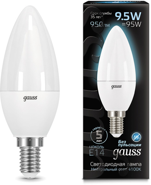 Лампа светодиодная Gauss 9.5Вт цок.:E14 свеча 220B 4100K св.свеч.бел.нейт. 35-C (упак.:1шт) (103101210)