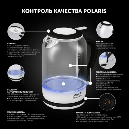 Чайник электрический Polaris PWK 1753CGL 1.5л. 1950Вт белый/черный корпус: стекло/пластик