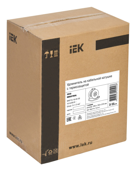 Удлинитель силовой IEK Industrial (WKP15-16-04-50) 3x1.5кв.мм 4розет. 50м ПВС 16A катушка желтый