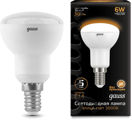 Лампа светодиодная Gauss R50 6Вт цок.:E14 рефлек. 220B 3000K св.свеч.бел.теп. (упак.:10шт) (106001106)